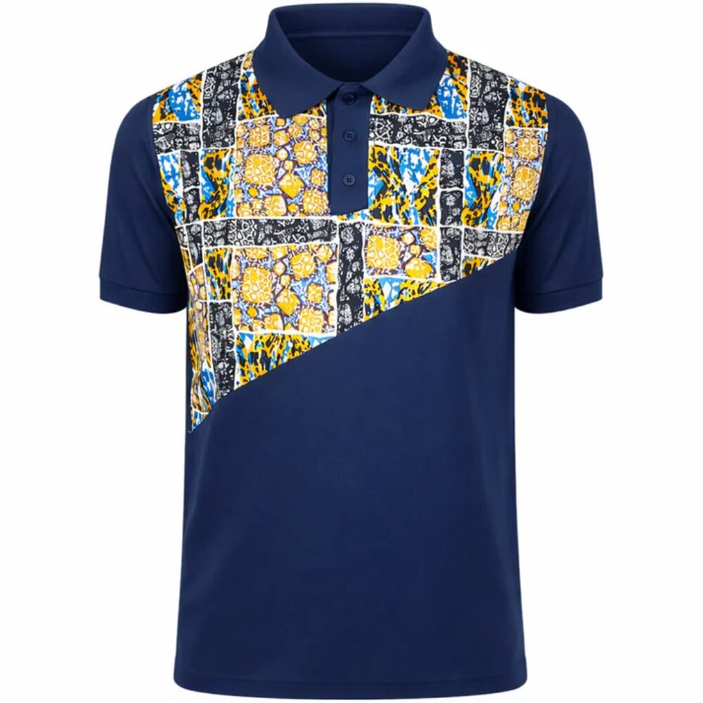 Men’s African Print Polo Shirt – Navy Blue with Vibrant Patchwork Pattern